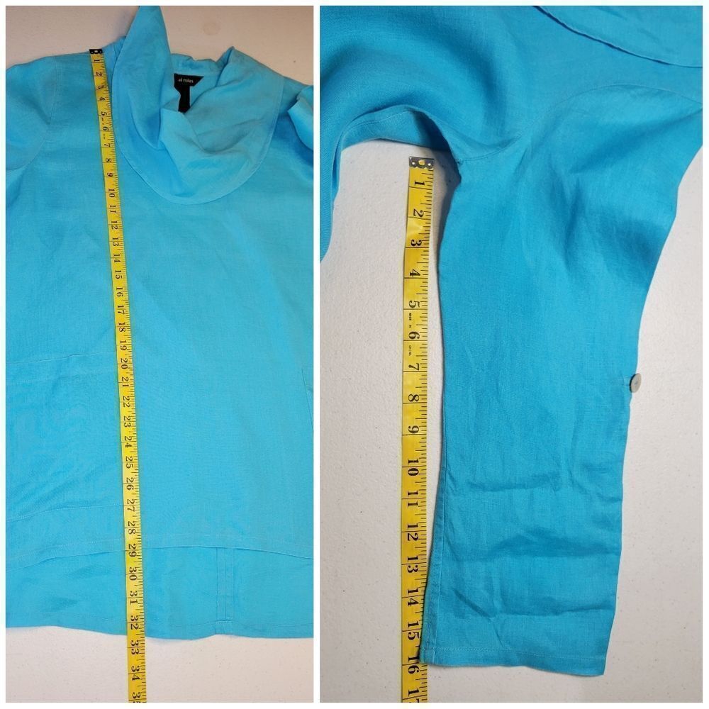 Ali Miles Linen Blue Cowl Neck Tunic Women's Top Roll Tab Sleeves - Picture 11 of 12